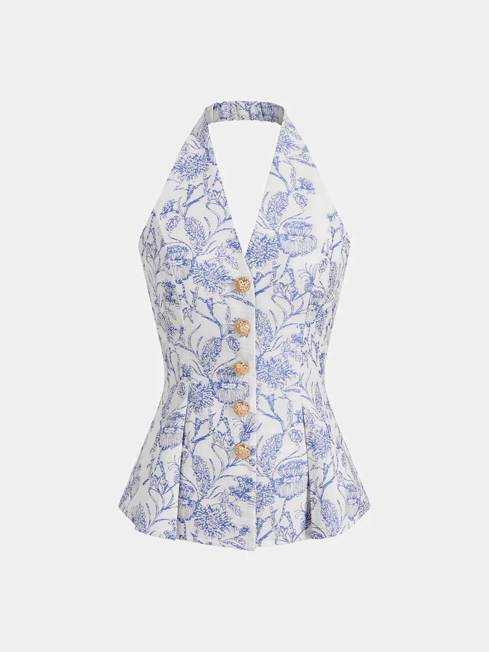 Commense Blue and White Floral Halter Buttoned Corset Top